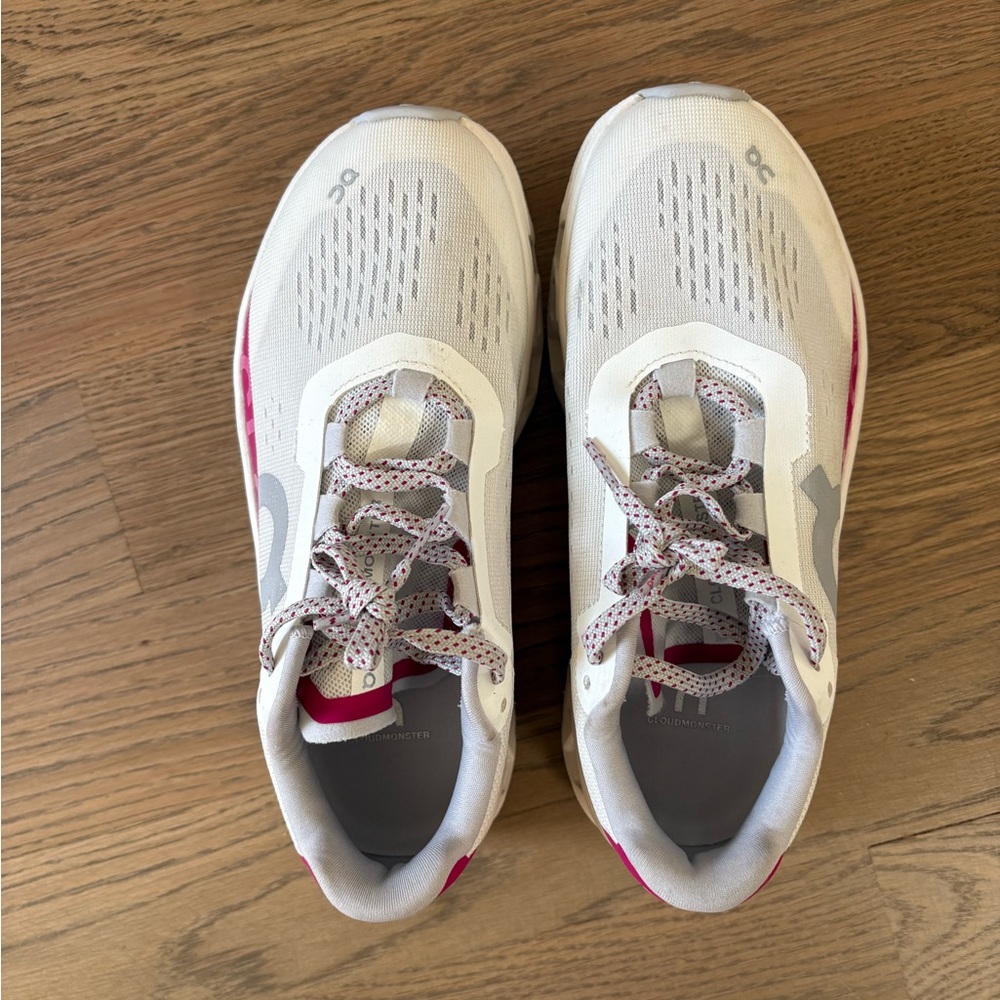 On Running Women's Cloudmonster Sneaker in White with Magenta Accents - Picture 3 of 9